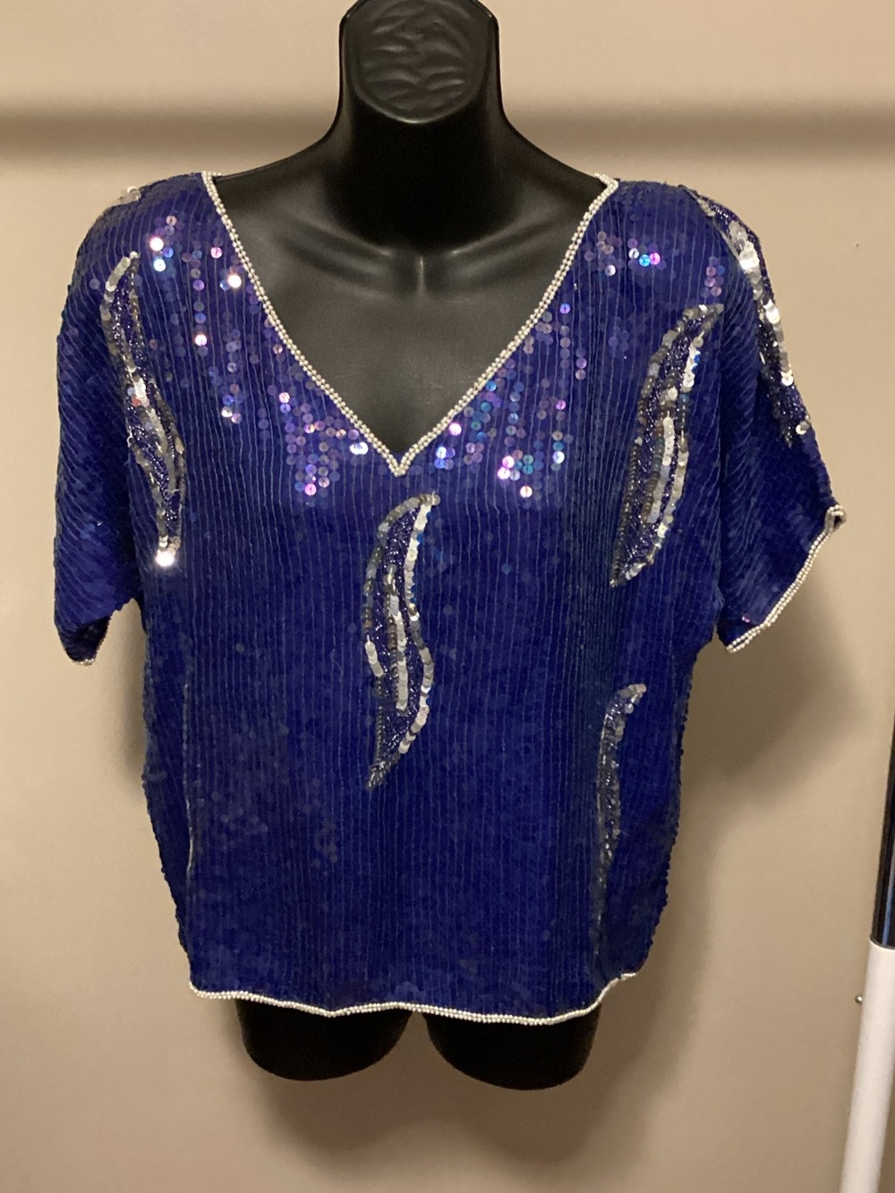 Embellished V-Neck Sequin Blouse in Deep Blue with skirt